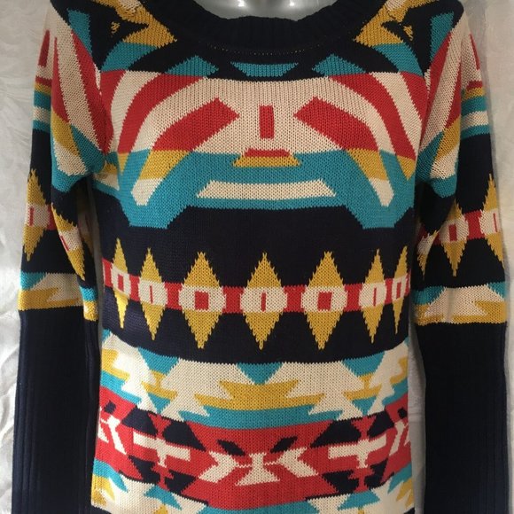Vintage Jessica Simpson Long Sweater Size XS Tribal Aztec Navy Mustard Y2K - Picture 12 of 14